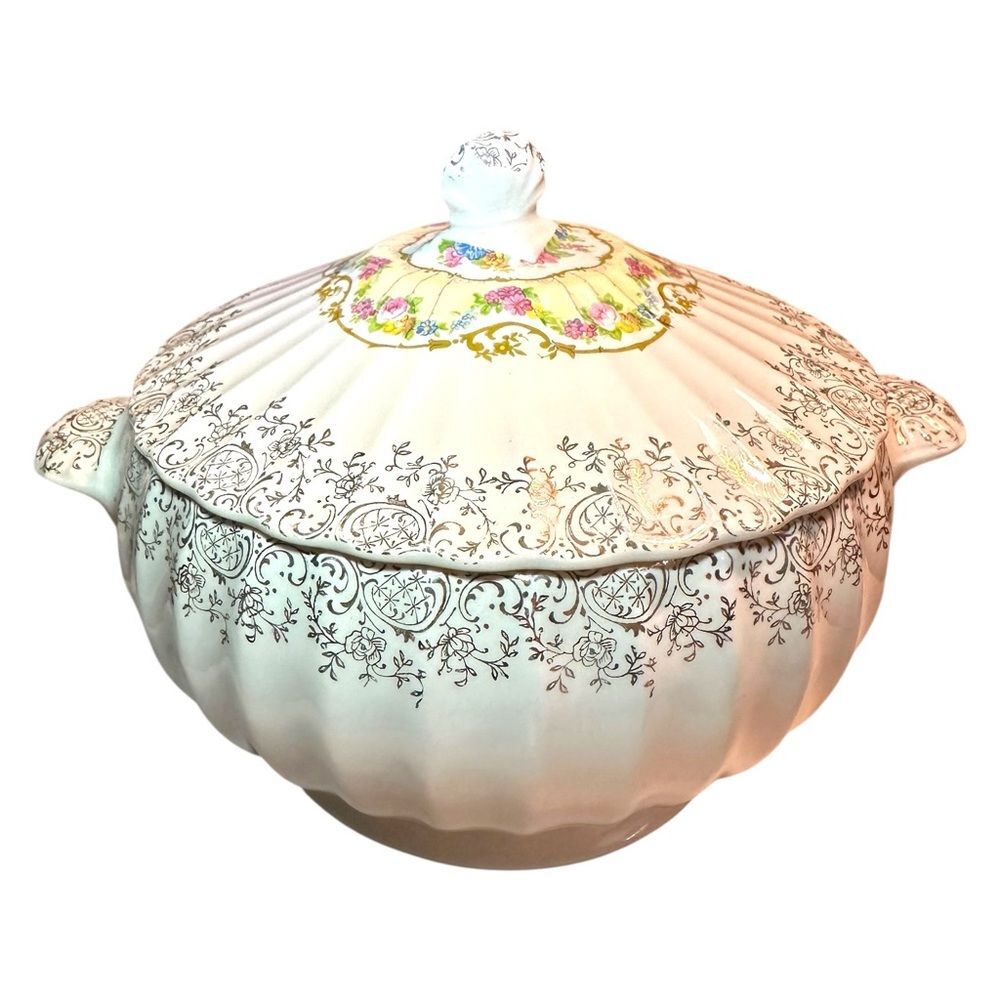 VTG American Limoges “Toledo Delight” covered vegetable/tureen, trimmed in 22K